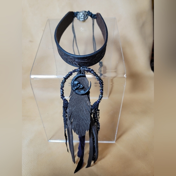 Bohemian Native Gothic Vibe Tooled Leather Choker Necklace Upcycled - Picture 3 of 11